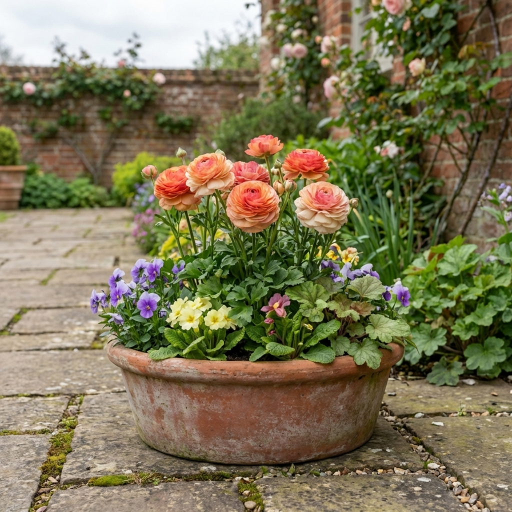 Ranunculus ‘Vortex Orange Pink’ — Tuberous Perennial, Bee-Friendly, 1L Pot (Set of 3 or 6)