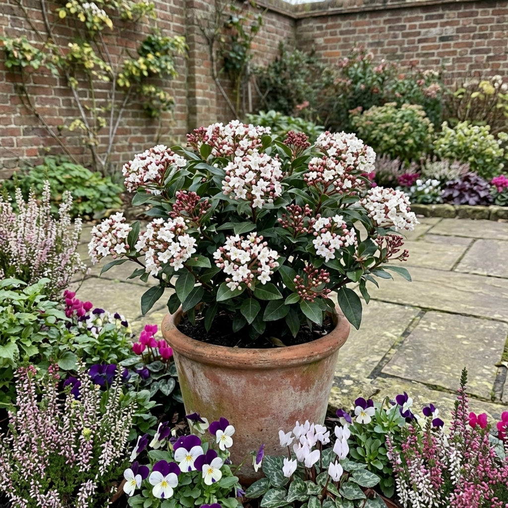Viburnum ‘Tinus Gwenllian’ — Evergreen Shrub, Bee-Friendly, 11cm Pot (Set of 3 or 6)