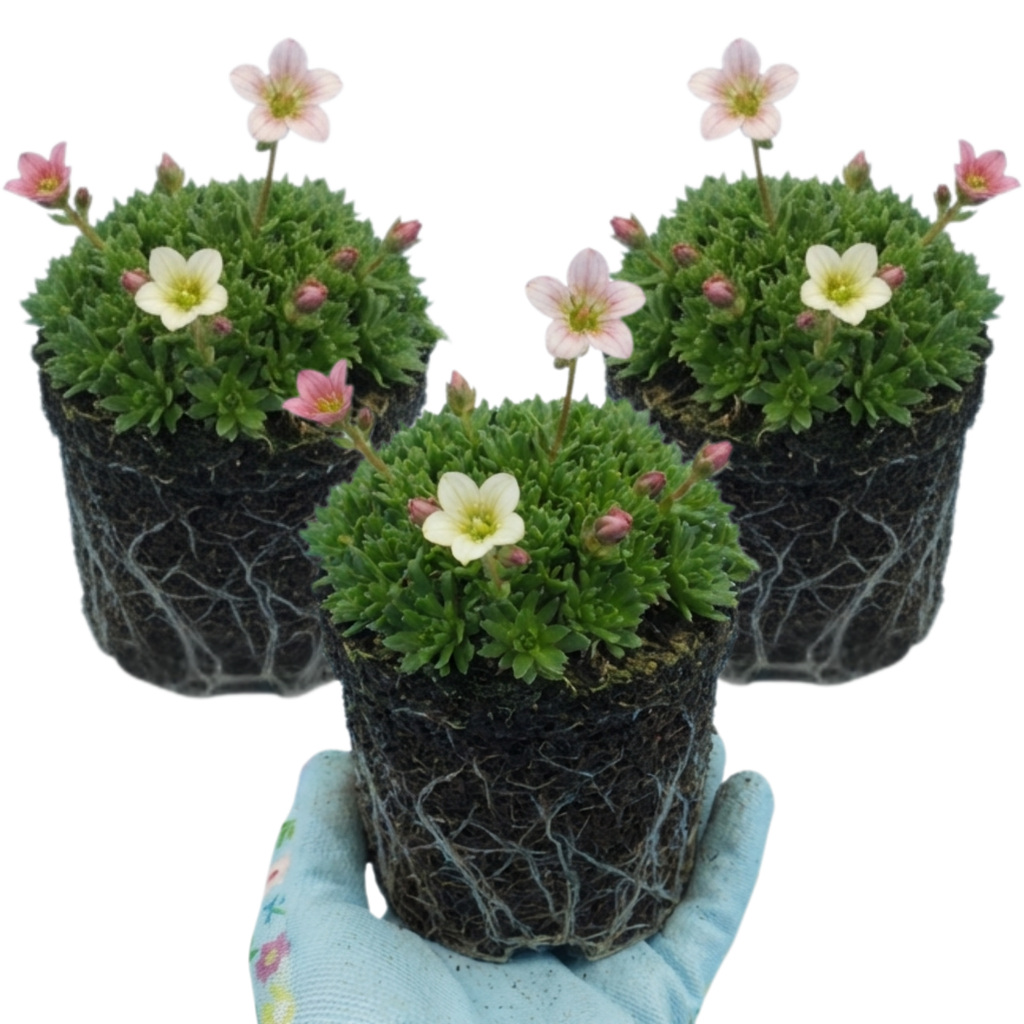 Saxifrage ‘Ice Colours Appleblossom’ — Hardy Evergreen Alpine Perennial, Bee-Friendly, 1L Pot (Set of 3 or 6)
