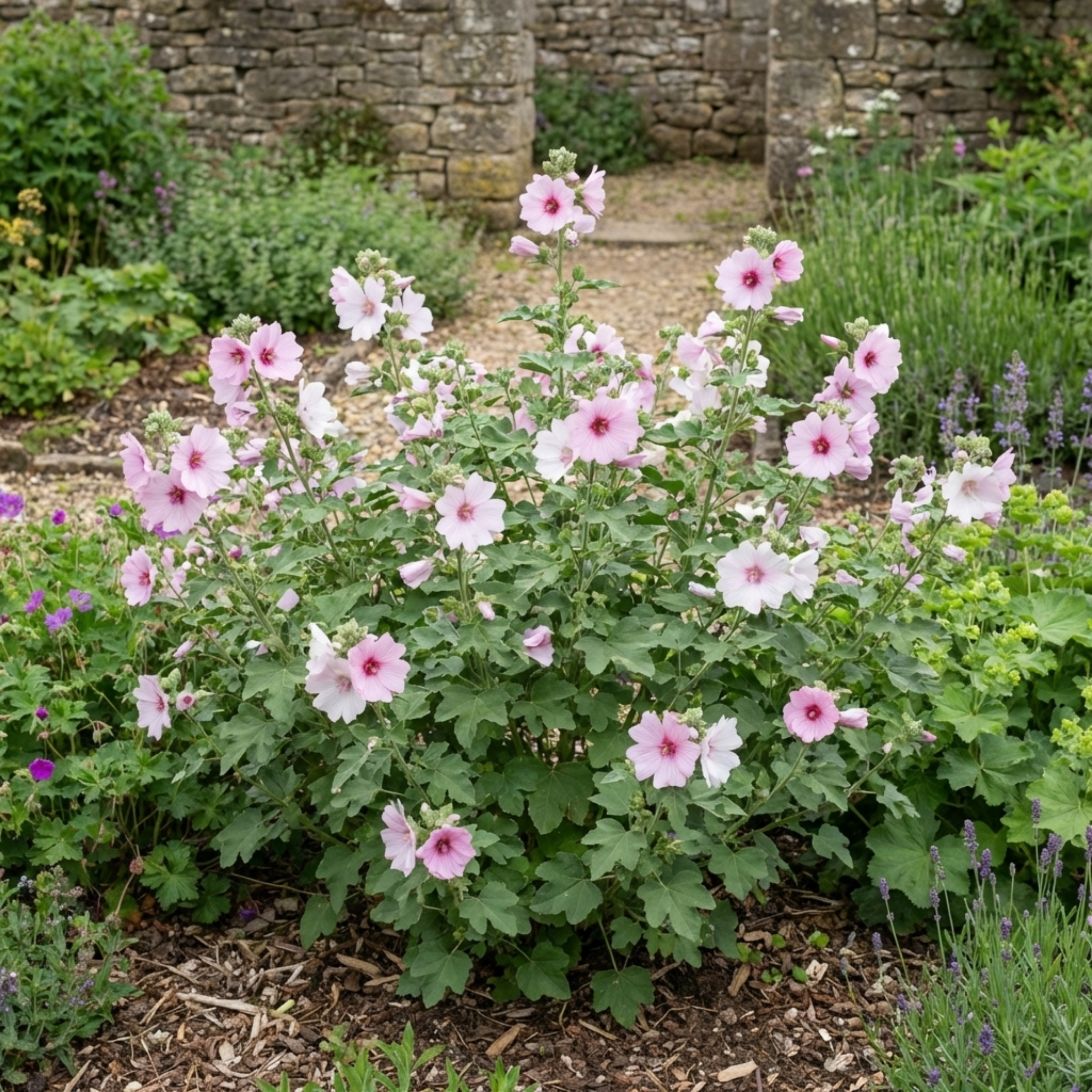 Lavatera ‘Barnsley Baby’ — Semi-evergreen Shrub, Bee-Friendly, 17cm Pot