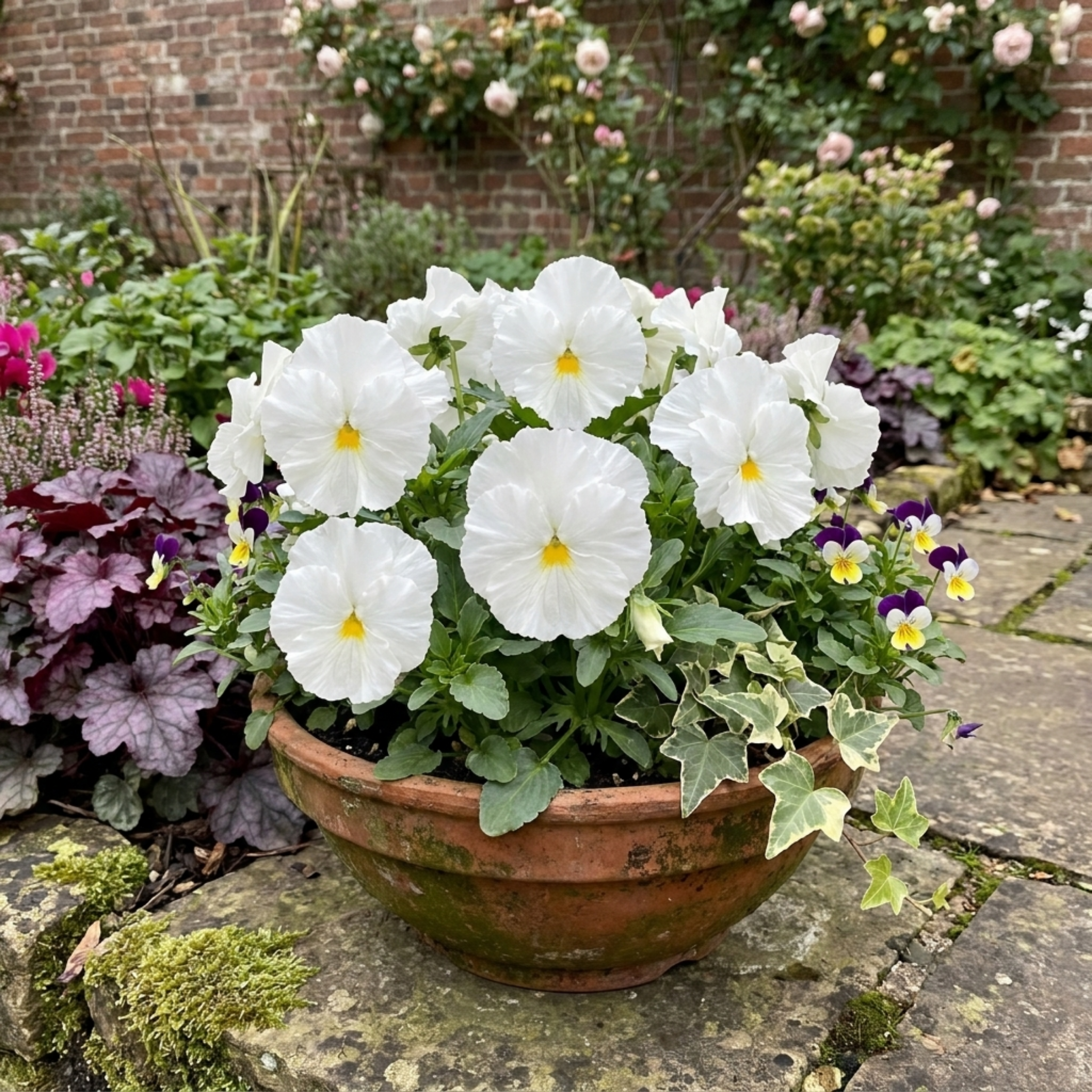 Pansy ‘Cats Plus White’ — Hardy Annual / Biennial Bedding Plant, Bee-Friendly, 1L Pot