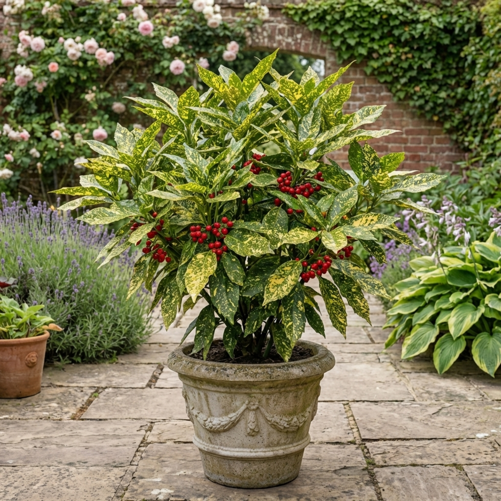 Aucuba japonica 'Crotonifolia' — Gold Dust Spotted Laurel, Hardy Evergreen Shrub, 7.5L Pot