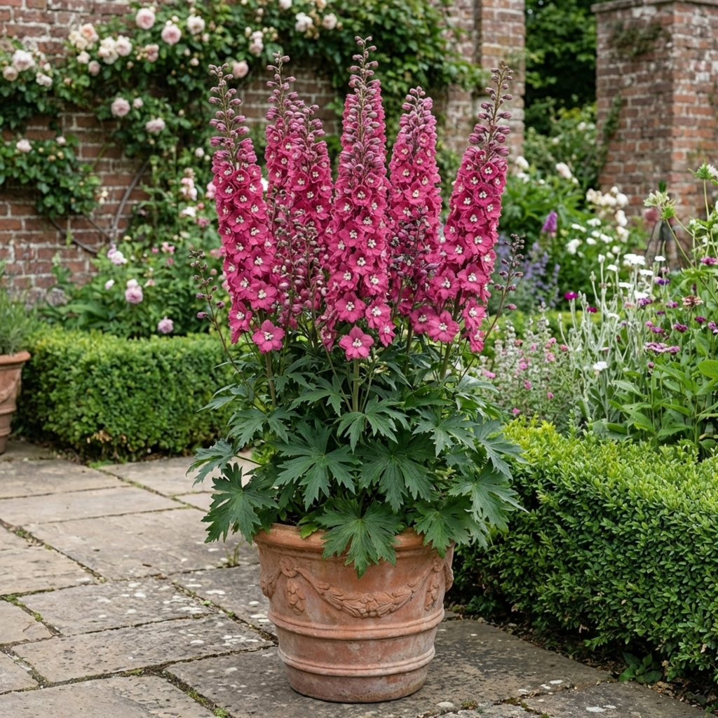 Delphinium ‘Magic Fountains Deep Rose White’ — Hardy Perennial, Bee-Friendly, 2L Pot