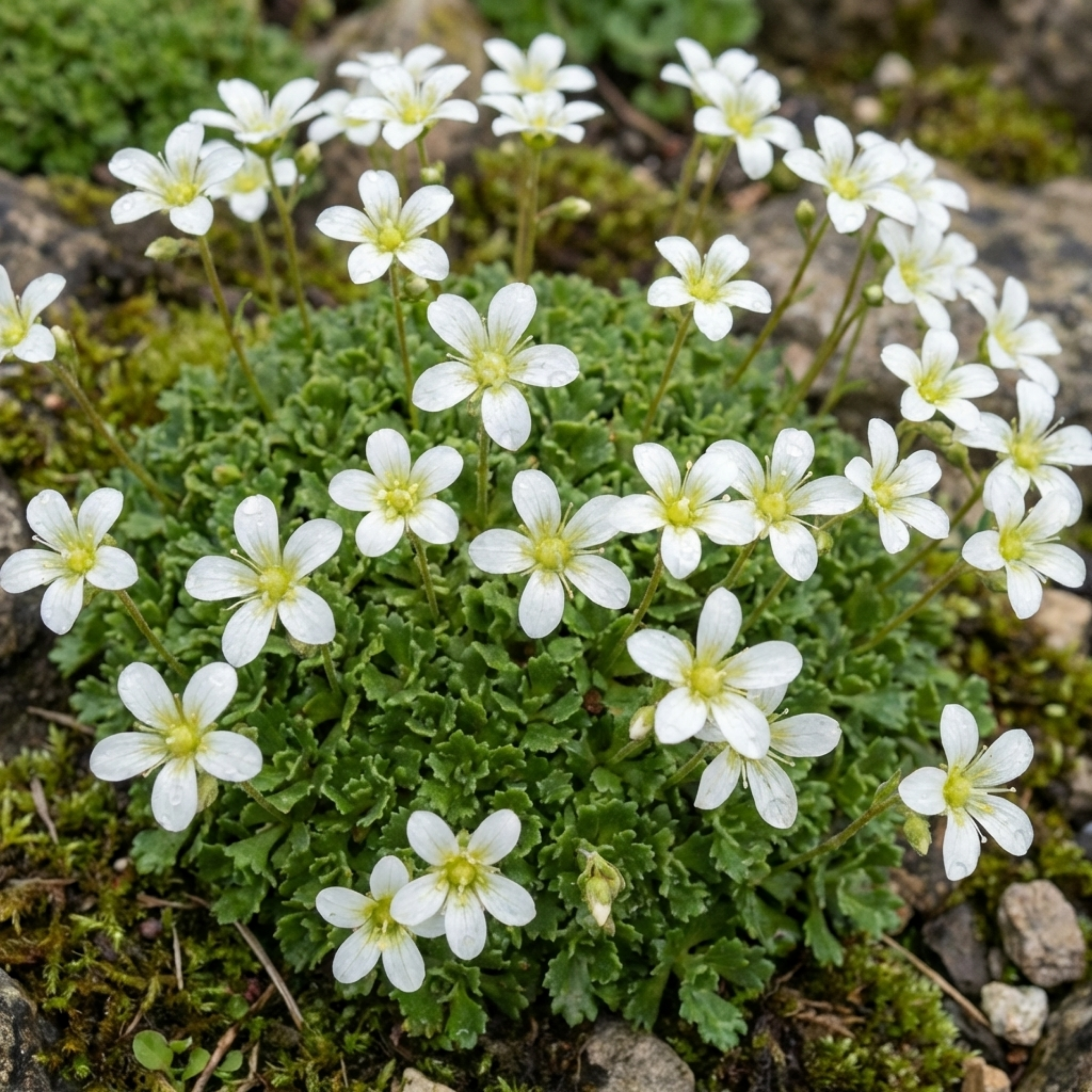 Saxifrage ‘Marto White Mossy Alpine’ — Hardy Evergreen Alpine Perennial, Bee-Friendly, 1L Pot (Set of 3 or 6)