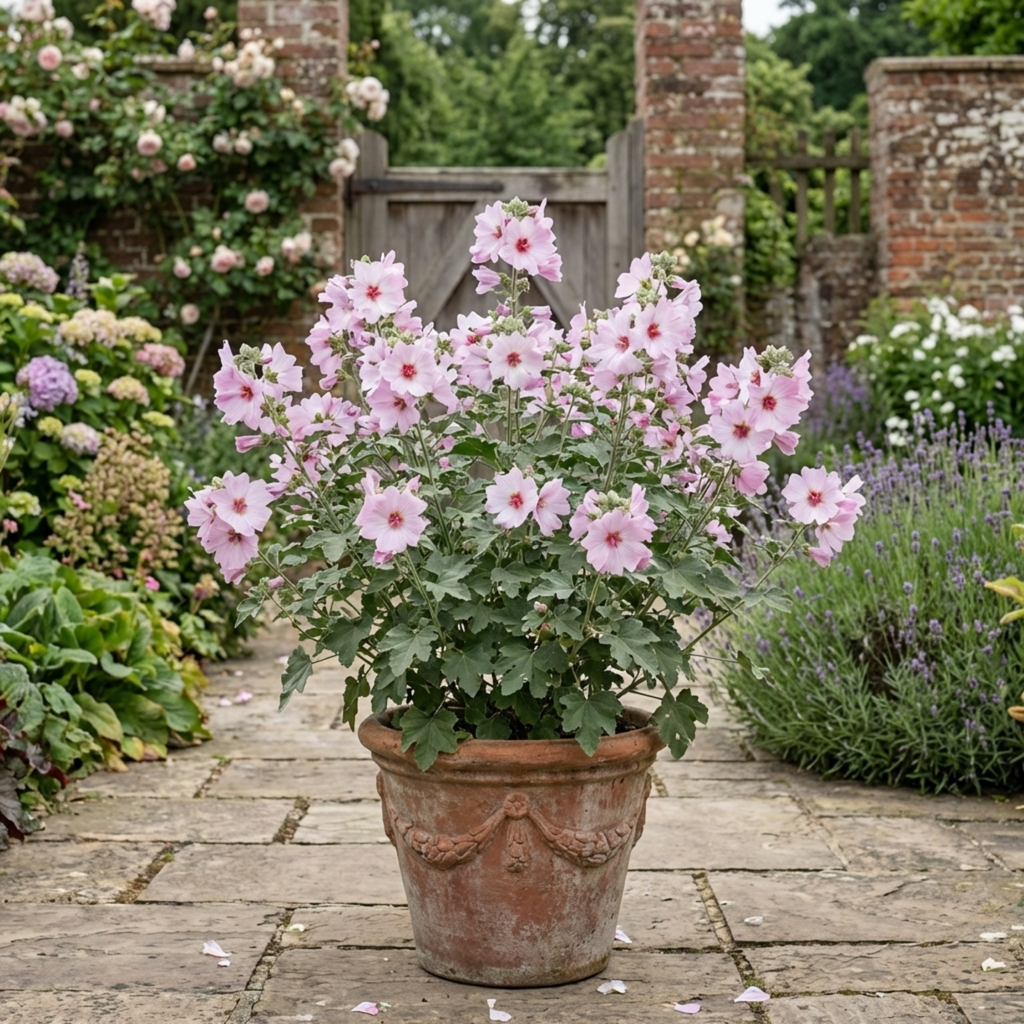 Lavatera ‘Barnsley Baby’ — Semi-evergreen Shrub, Bee-Friendly, 17cm Pot