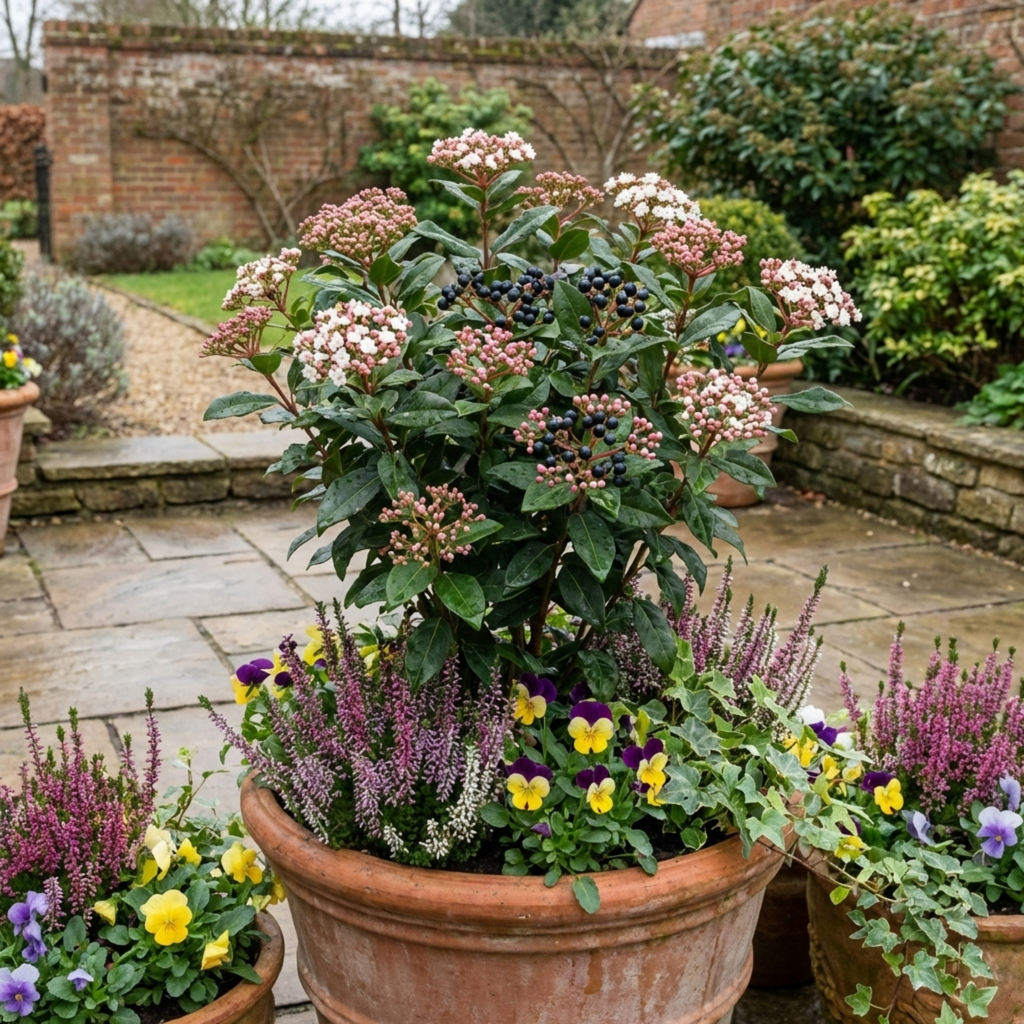 Viburnum ‘Tinus Gwenllian’ — Evergreen Shrub, Bee-Friendly, 11cm Pot (Set of 3 or 6)