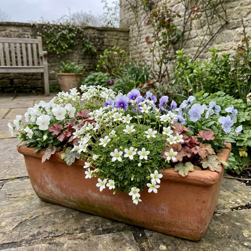 Saxifraga ‘Ice Colours Pearl White’ — Hardy Evergreen Alpine Perennial, Bee-Friendly, 1L Pot (Set of 3 or 6)