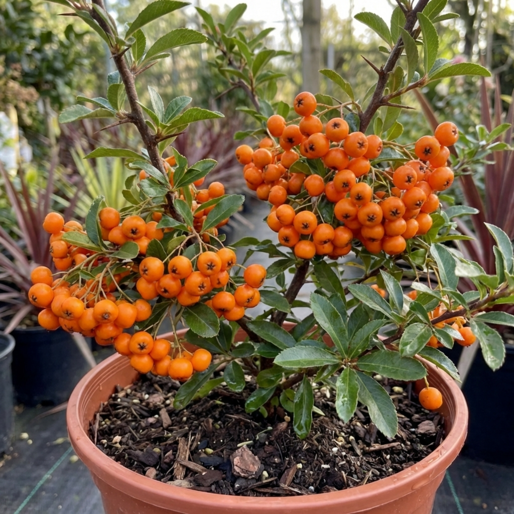 Pyracantha ‘Orange Glow Firethorn’ — Evergreen Shrub, Bee-Friendly, 2L Pot