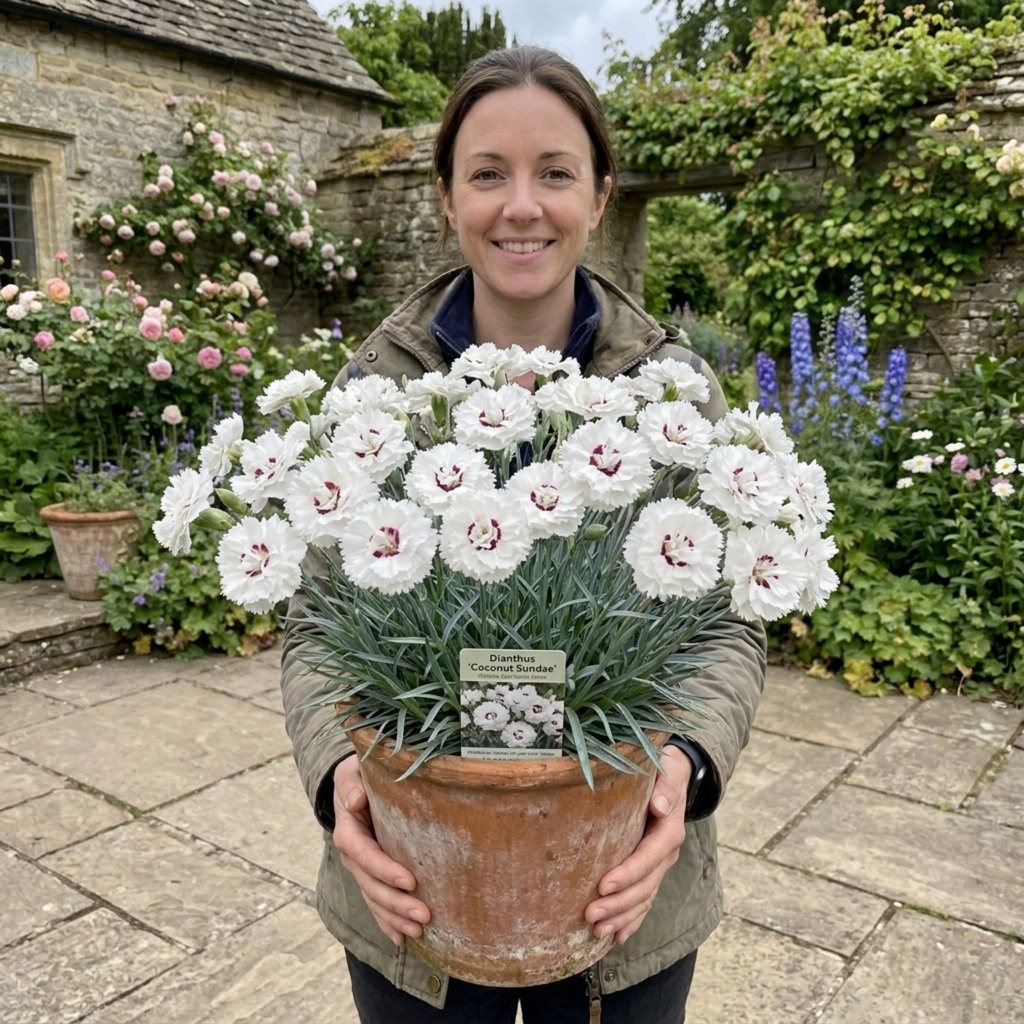 Dianthus ‘Coconut Sundae’ — Hardy Evergreen Perennial, Bee-Friendly, 2L Pot