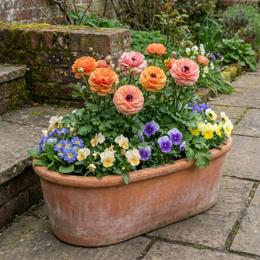 Ranunculus ‘Vortex Orange Pink’ — Tuberous Perennial, Bee-Friendly, 1L Pot (Set of 3 or 6)