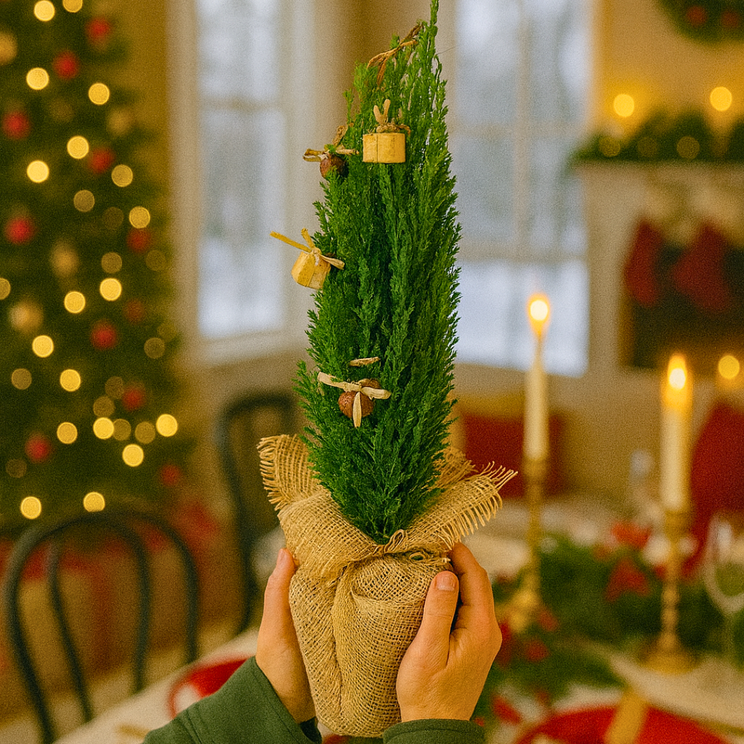 Mini Christmas Tree in Jute Sack with Baubles — Festive Live Conifer, 1L Pot