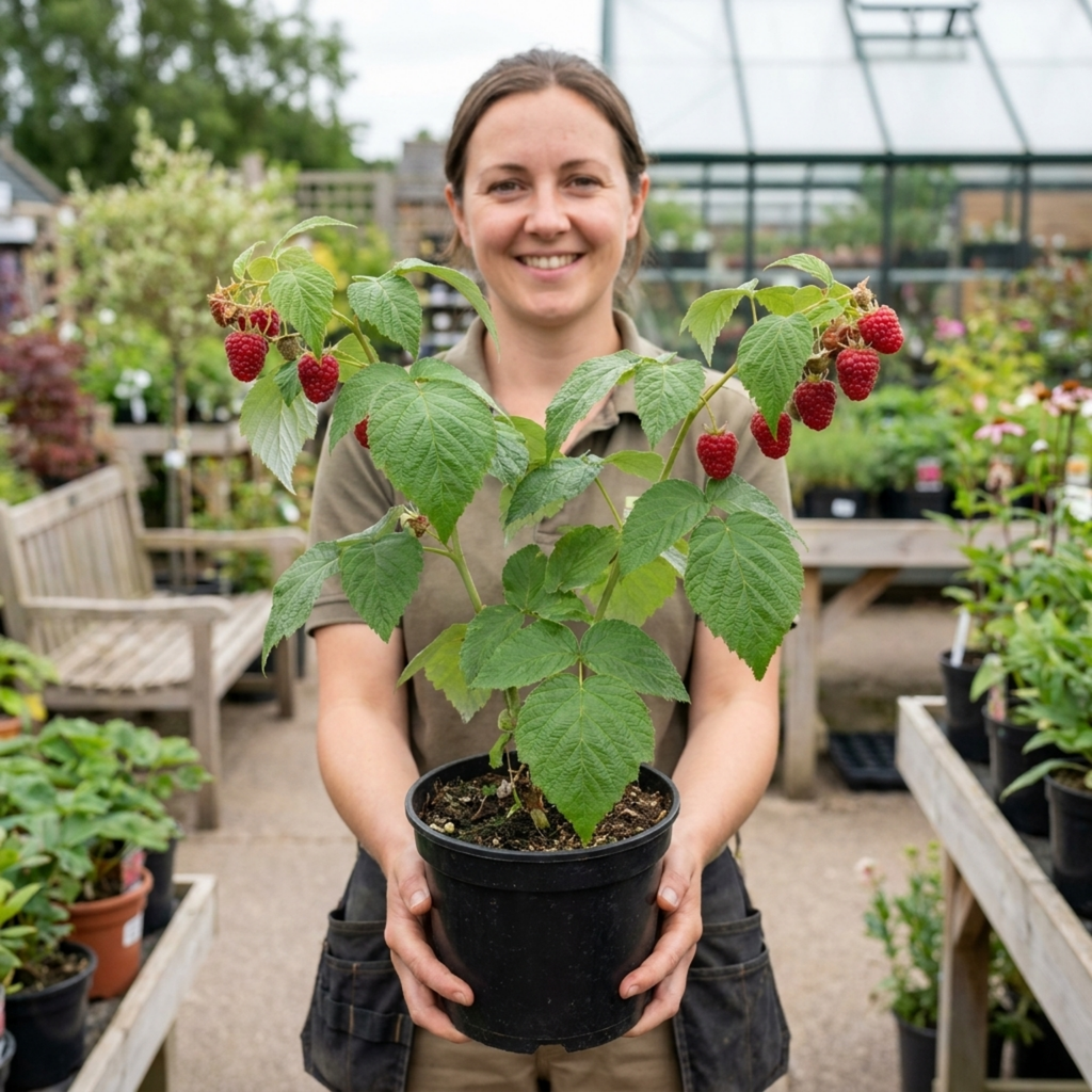 Raspberry ‘Glem Ample’ — Hardy Deciduous Perennial Fruiting Cane, Bee-Friendly, 17cm Pot