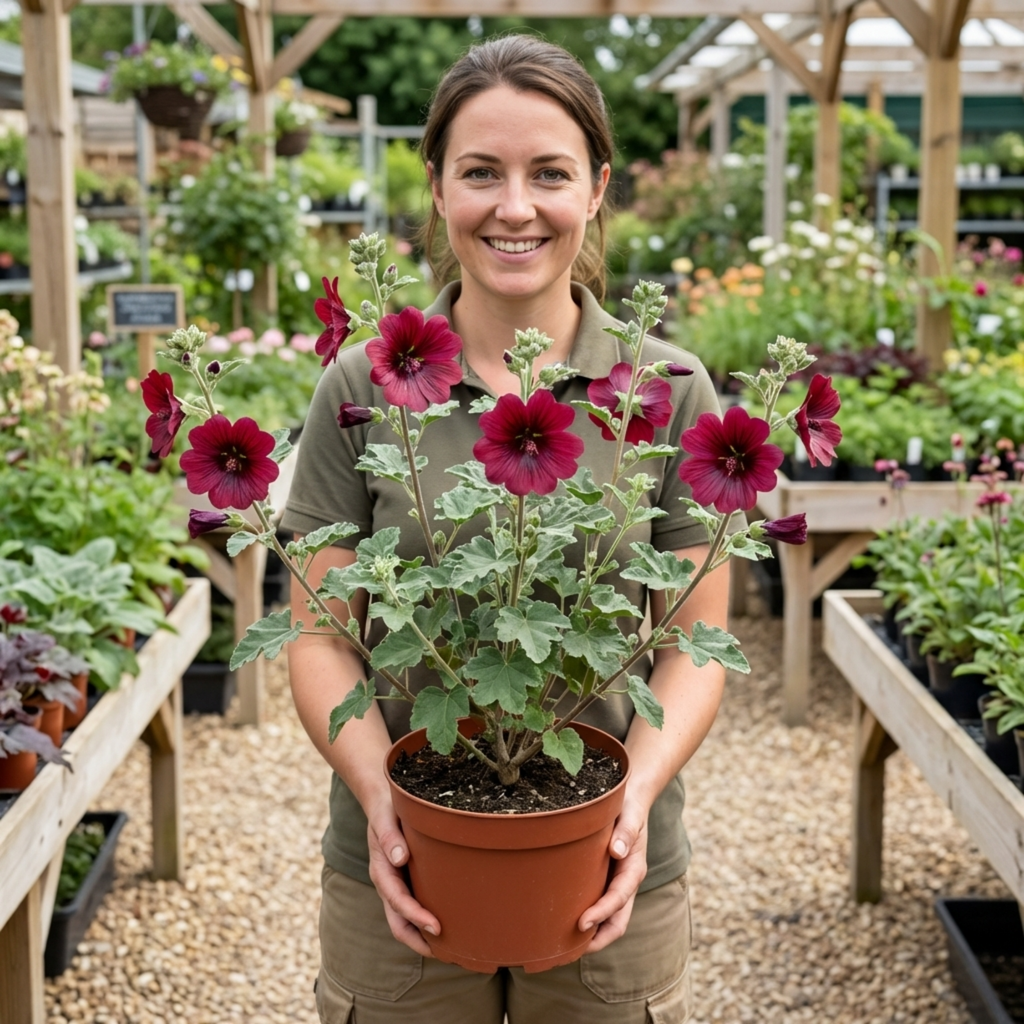 Lavatera ‘Burgundy Wine’ — Hardy Semi-evergreen Perennial Shrub, Bee-Friendly, 2L Pot