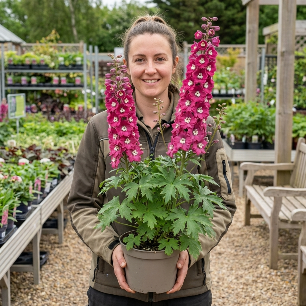 Delphinium ‘Magic Fountains Deep Rose White’ — Hardy Perennial, Bee-Friendly, 2L Pot