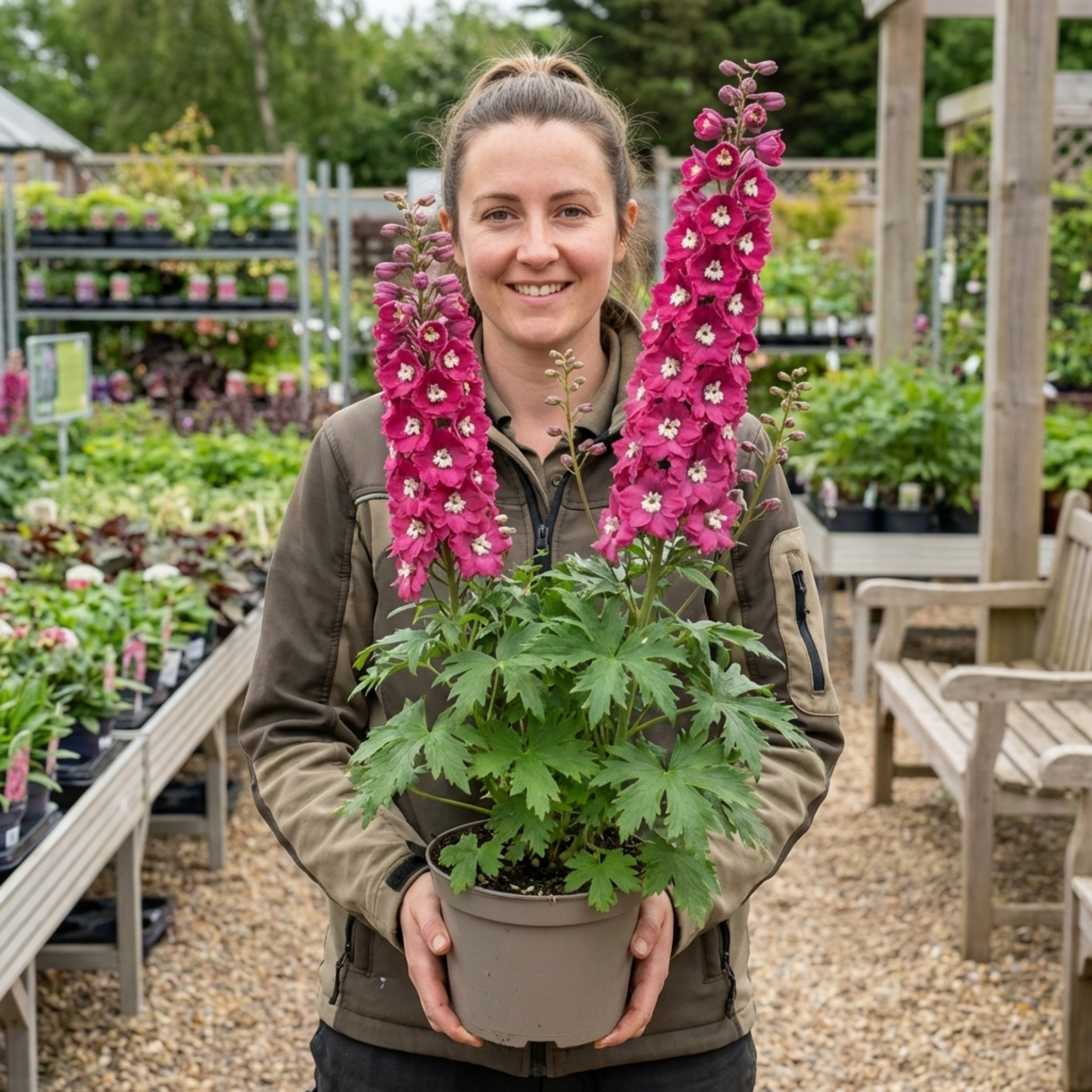 Delphinium ‘Magic Fountains Deep Rose White’ — Hardy Perennial, Bee-Friendly, 2L Pot