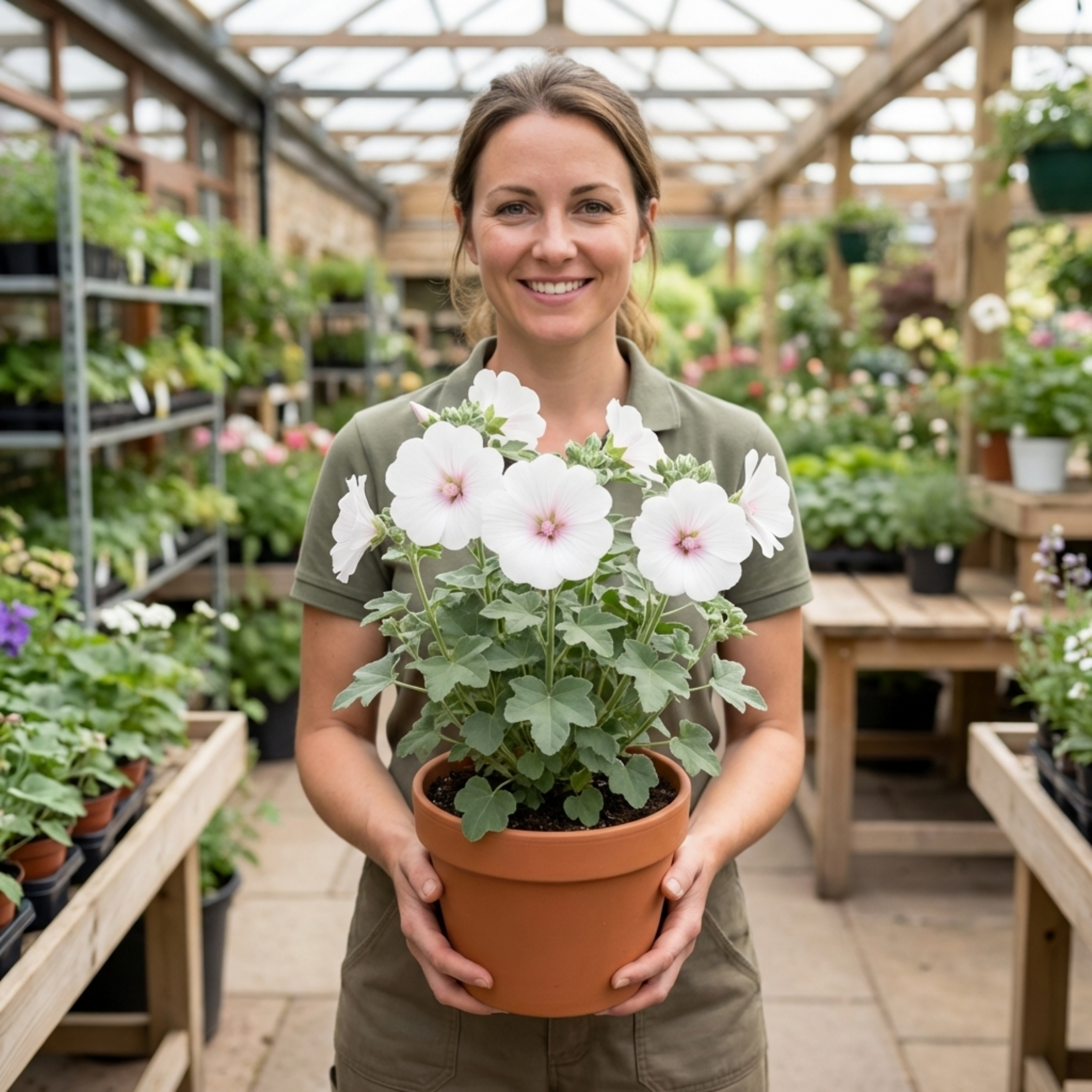 Lavatera ‘Barnsley Baby’ — Semi-evergreen Shrub, Bee-Friendly, 17cm Pot