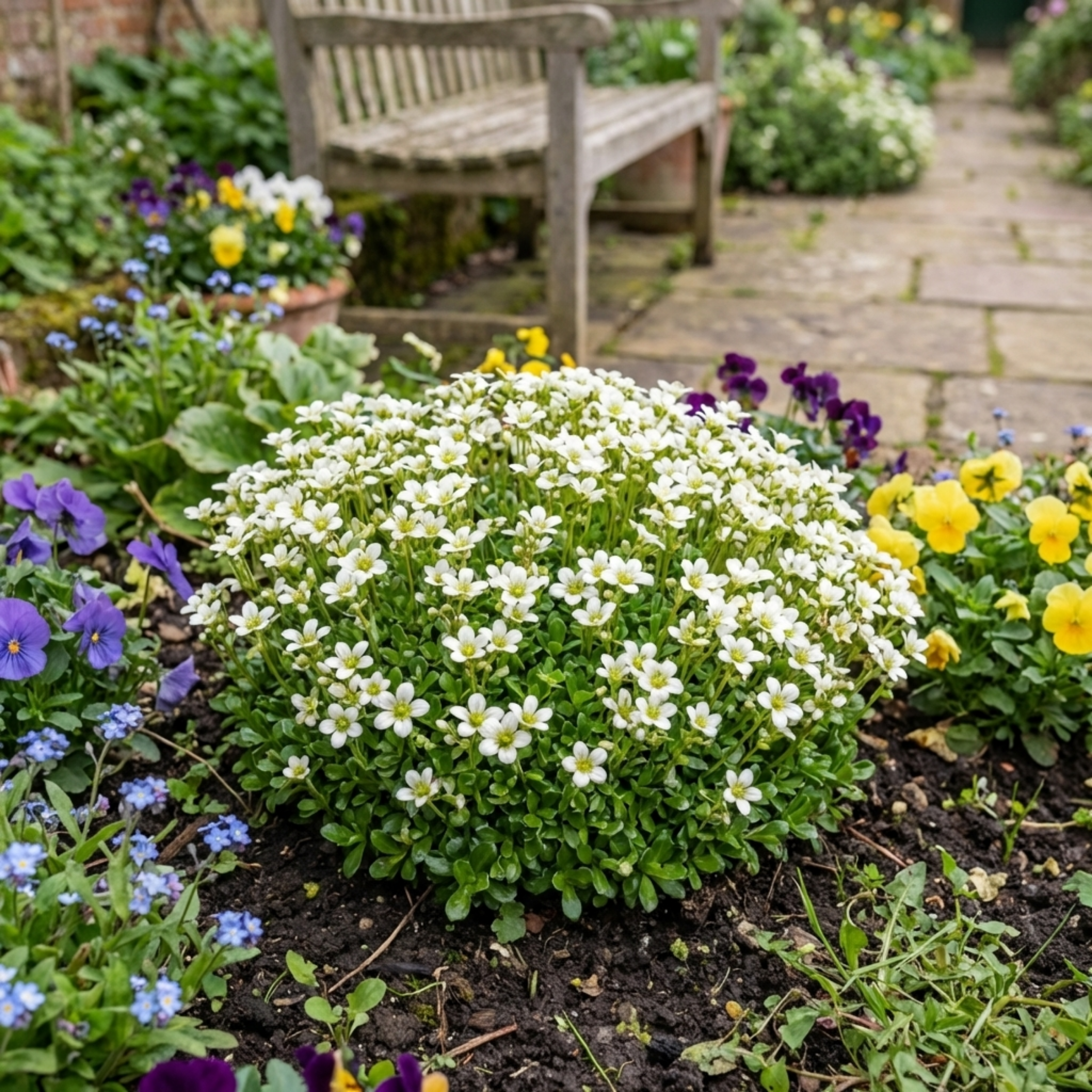 Saxifraga ‘Ice Colours Pearl White’ — Hardy Evergreen Alpine Perennial, Bee-Friendly, 1L Pot (Set of 3 or 6)