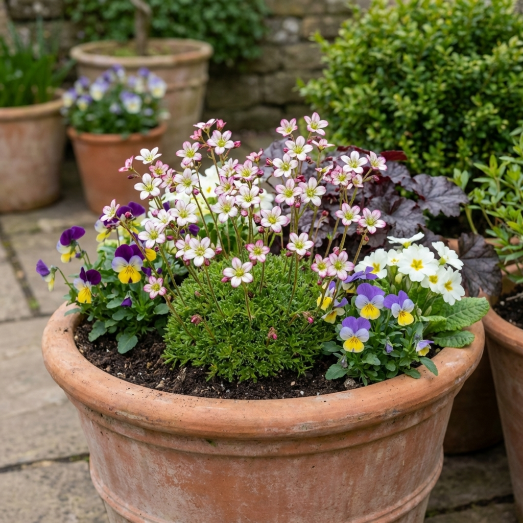 Saxifrage ‘Ice Colours Appleblossom’ — Hardy Evergreen Alpine Perennial, Bee-Friendly, 1L Pot (Set of 3 or 6)