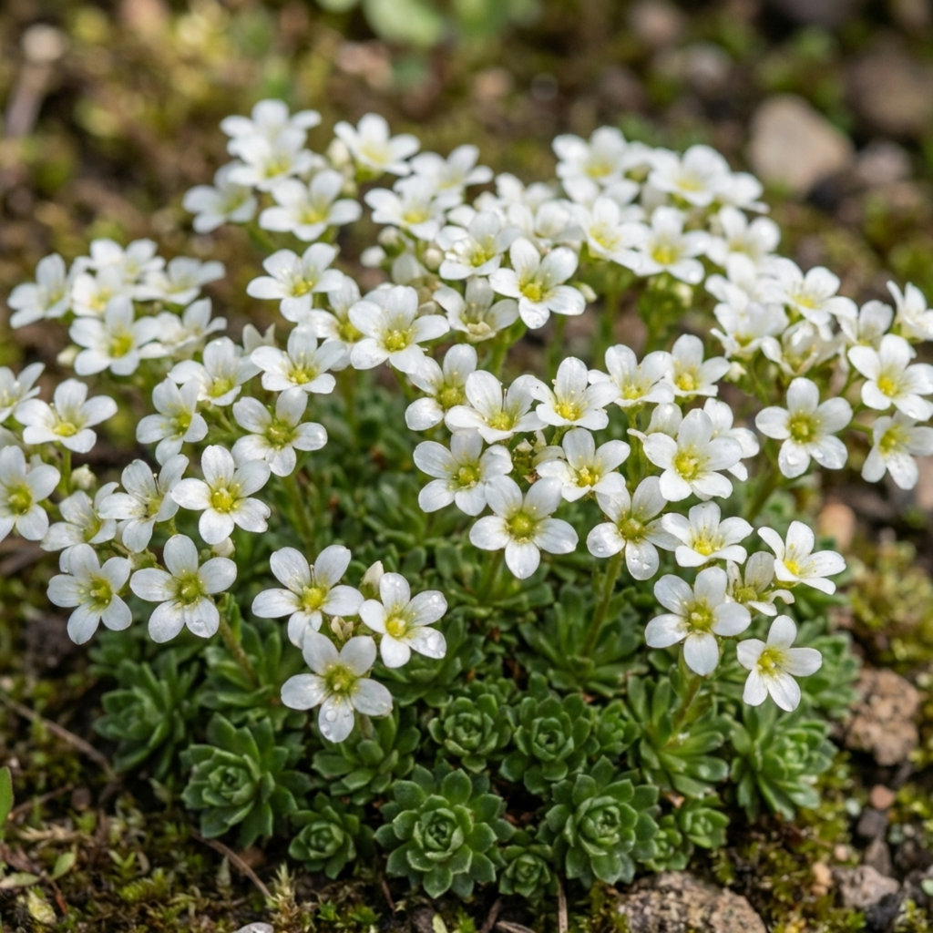 Saxifraga ‘Ice Colours Pearl White’ — Hardy Evergreen Alpine Perennial, Bee-Friendly, 1L Pot (Set of 3 or 6)