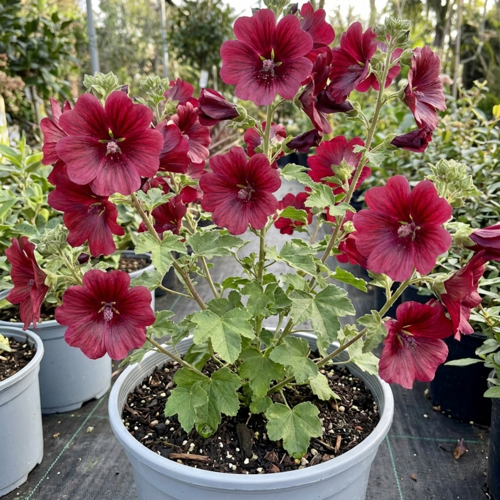 Lavatera ‘Burgundy Wine’ — Hardy Semi-evergreen Perennial Shrub, Bee-Friendly, 2L Pot